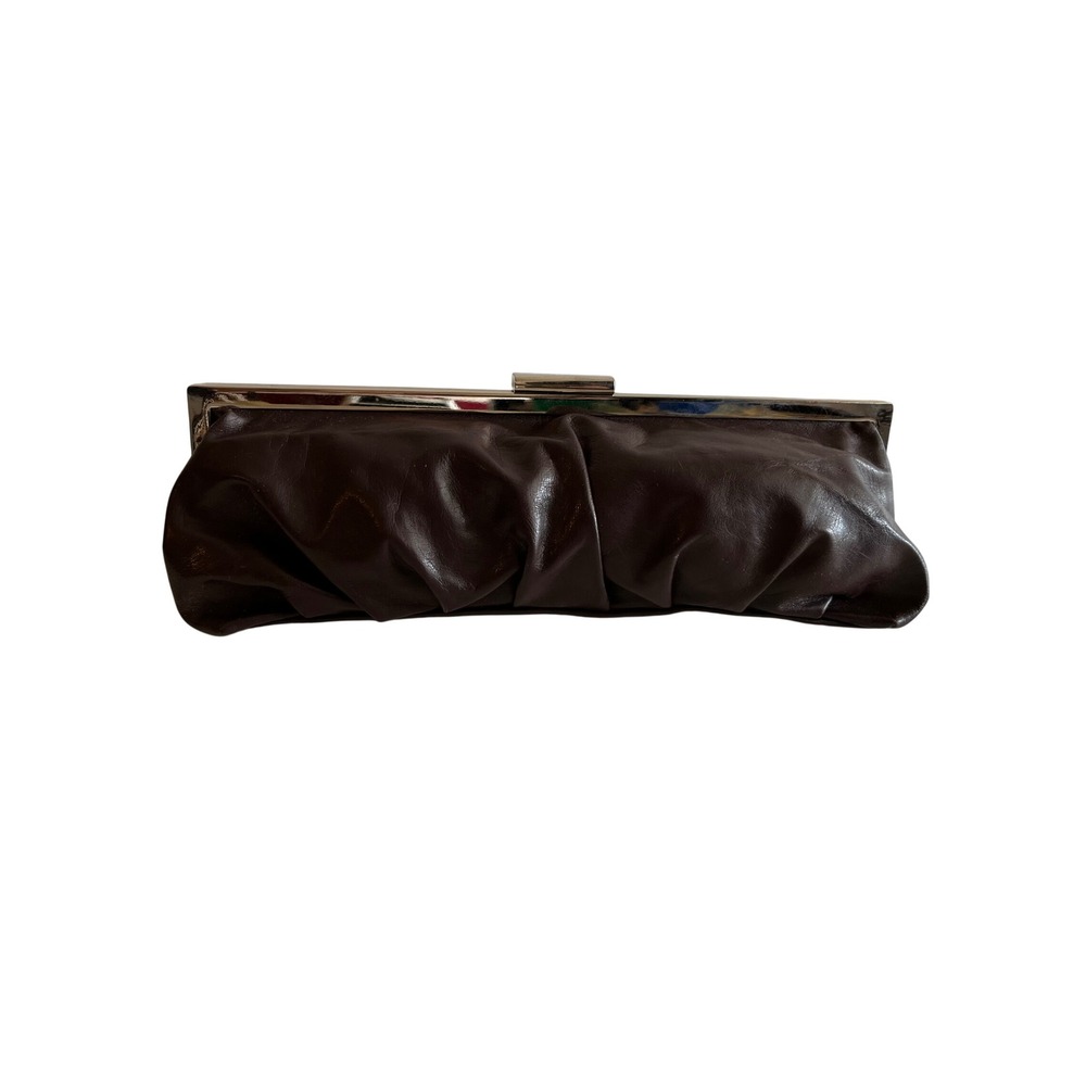 Dark Brown Ruched Frame Clutch Bag Evening Wedding Formal Faux Leather Brown